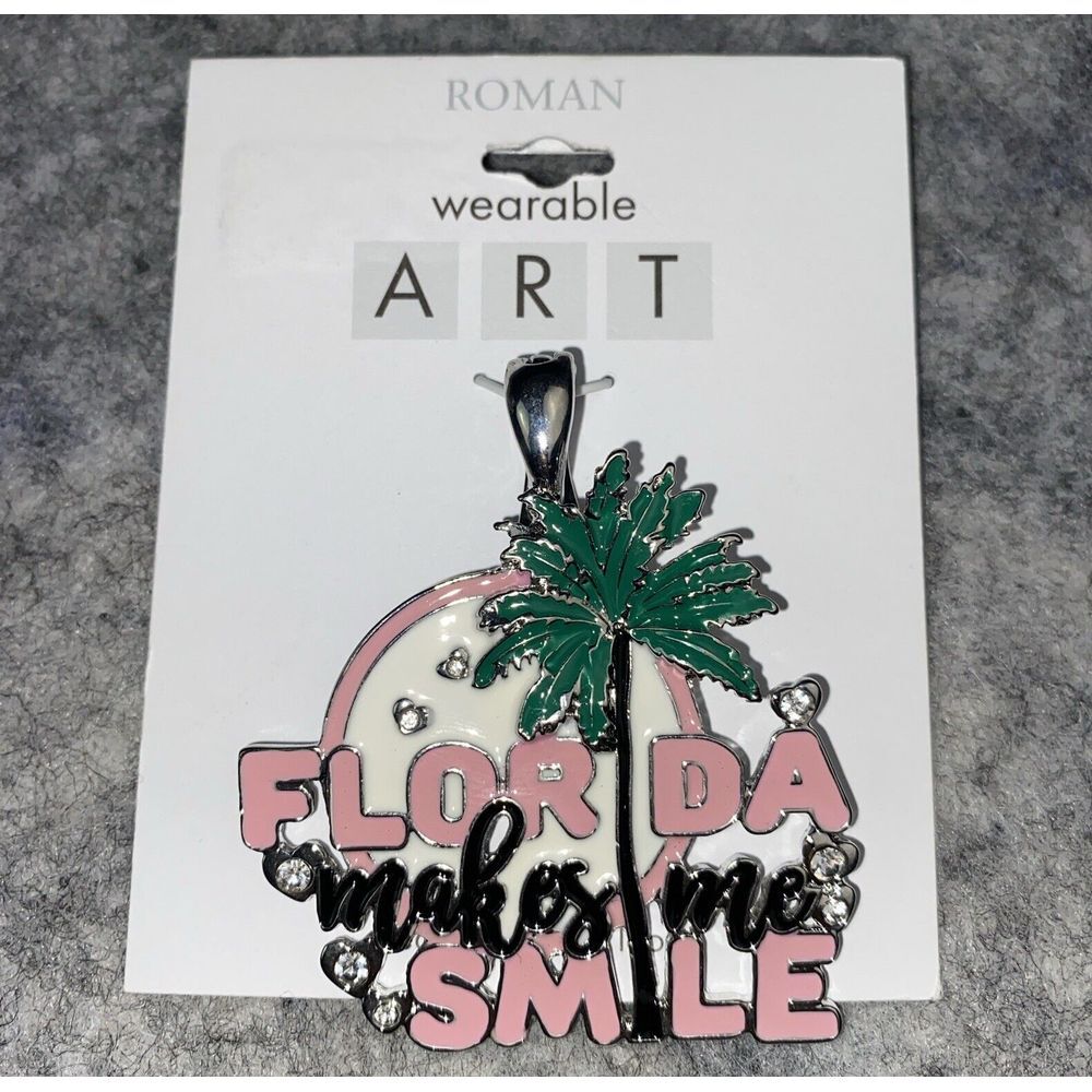 Wearable Art Pendant By Roman 2" Florida Makes Me Smile Pink Rhinestones NEW
